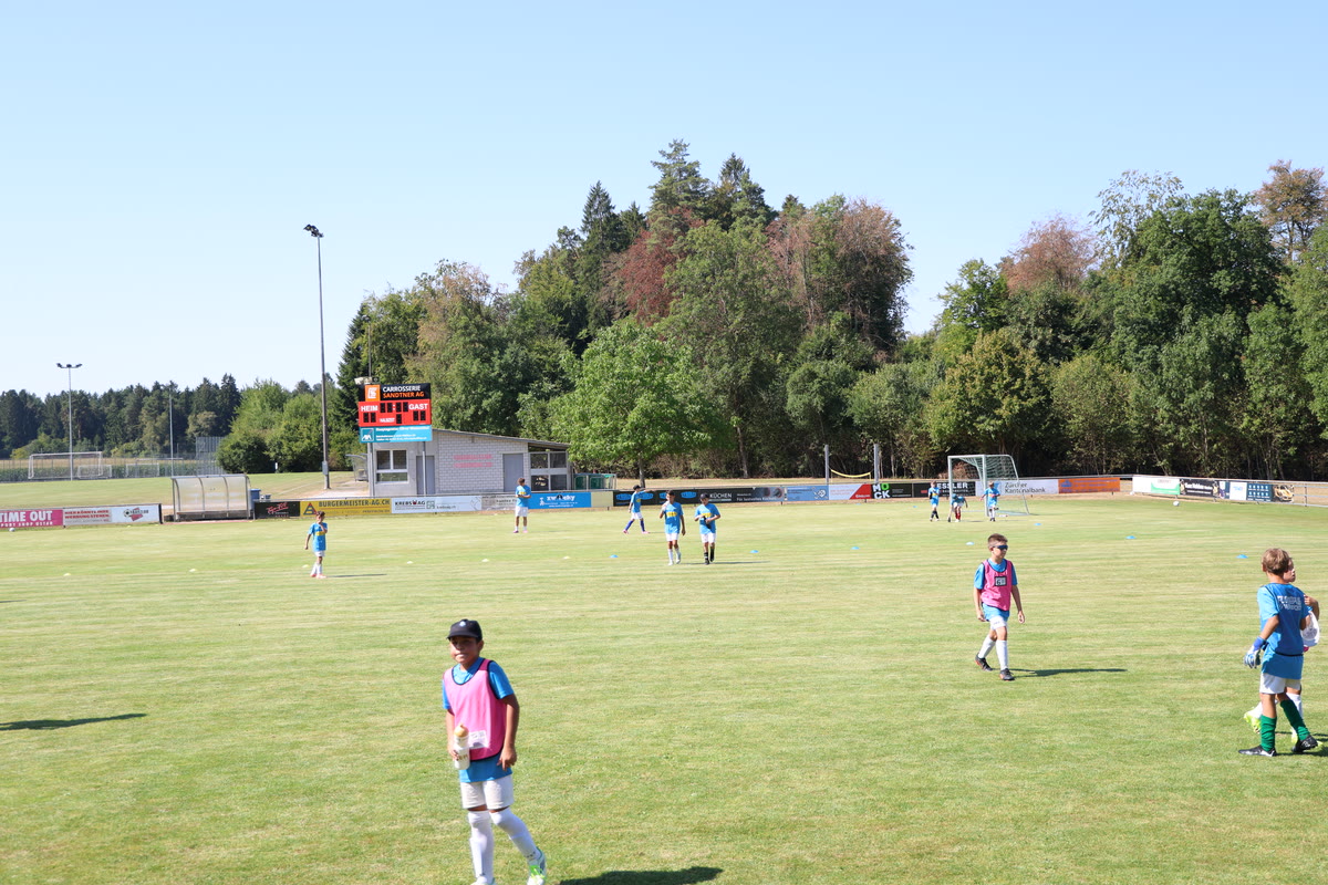Kinder in Campshirts und farbigen Leibchen beim Training auf dem sonnigen Rasenplatz